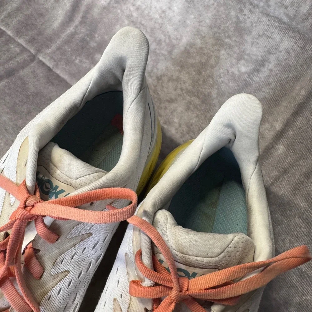 Hoka Clifton 8 Mens 11D Road Running Shoes White Yellow Coral Teal Sneaker